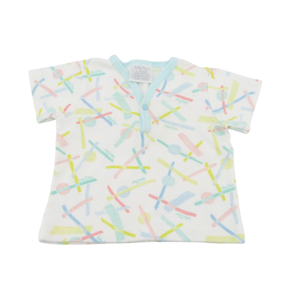 Vintage Baby Dior 1 Year White Pastel Geometric Short Sleeve Snap Shirt USA Made